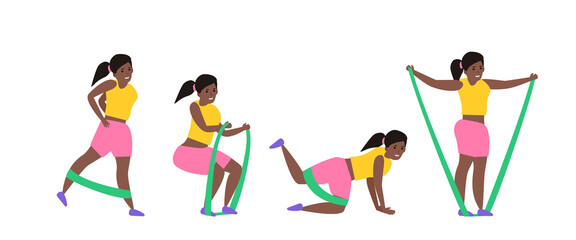 african american woman resistance band exercise workout vector illustration