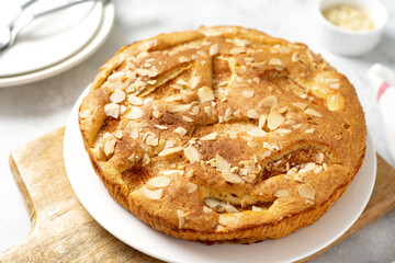 Traditional apple pie on a white plate on a light culinary background. Charlotte pie on a platter closeup. Delicious homemade cakes on the kitchen table