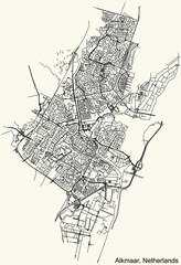 Detailed navigation black lines urban street roads map of the Dutch regional capital city of ALKMAAR, NETHERLANDS on vintage beige background