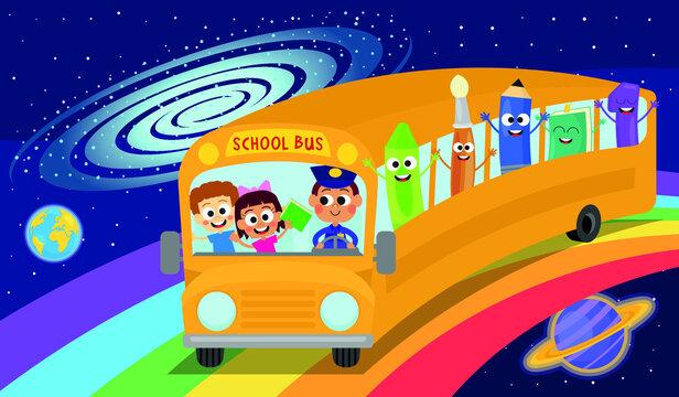 Cute kids and school objects on the school bus