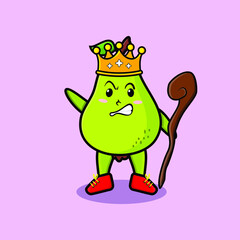 Cute cartoon pear fruit mascot as wise king with golden crown and wooden stick