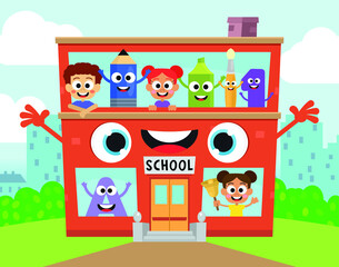 Cute school, cute students and school objects