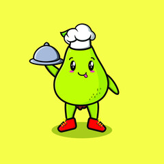 Cute Cartoon chef pear fruit mascot character serving food on tray cute style design