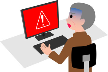 パソコンに警告画面が表示（初老の男性）