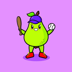 Cute cartoon pear fruit character playing baseball in modern style design  