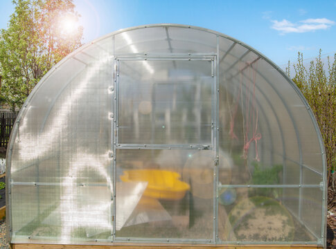 Facade of a modern polycarbonate greenhouse on a private plot against a blue sky, spring, outdoors