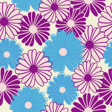 Seamless floral pattern. Pink and blue overlapping flowers on a light, yellow background.