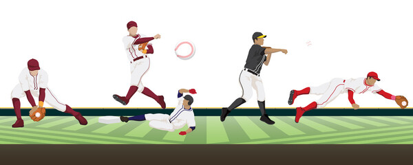 野球選手のポーズ4種（野手の守備）