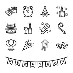 New Year's Day Icon Set, Vector and Illustration.
