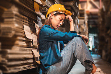 Asian Business owner sitting in factory plantation posing feel tried and serious with work.Engineer or Factory worker  hard work.Unemployed Feeling Stressed. - obrazy, fototapety, plakaty