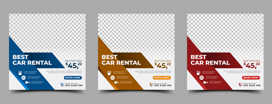 Set of Editable square banner template. Car rental banner with blue, yellow, and red color shape. Usable for social media post, banner, and web.
