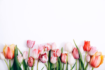 Bouquet of colorful tulips on white background, top view
