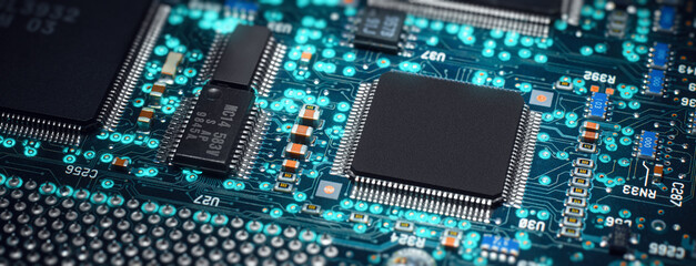 Widescreen shot of SMD silicon microchip on a blue cyan printboard with electrical components...