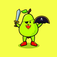 Cute cartoon mascot character pear fruit pirate with hat and holding sword in modern design