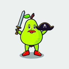 Cute cartoon mascot character pear fruit pirate with hat and holding sword in modern design