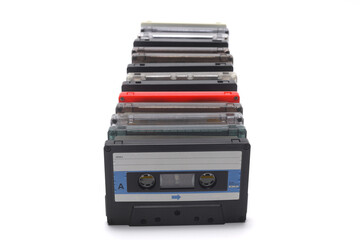 Retro audio cassette tape from the 80s and 90s on a white background.	
