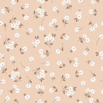 Seamless pattern with white flowers and beige background