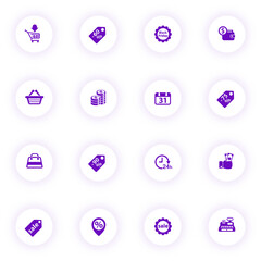 black friday purple color vector icons on light round buttons with purple shadow. black friday icon set for web, mobile apps, ui design and print