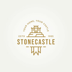 stone castle simple line art logo icon template vector illustration design. medieval castle above the stone with flag symbol