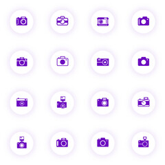 camera purple color vector icons on light round buttons with purple shadow. camera icon set for web, mobile apps, ui design and print
