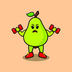 Cute cartoon pear fruit character is fitness with barbell in modern style design  