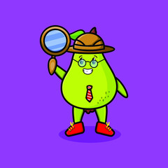 Cute cartoon character Pear fruit detective is searching with magnifying glass and cute style design
