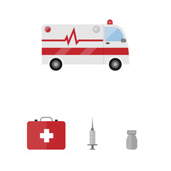An ambulance with some equipments. First aid kit, syringe, antibiotic.
