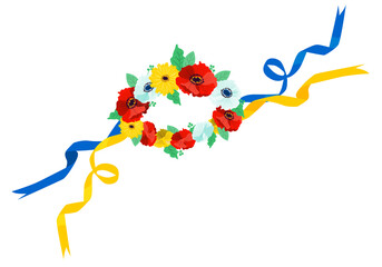 Traditional Ukrainian wreath of red poppies and cornflowers with blue and yellow ribbons. Ukrainian symbol.Ukrainian flag colors. Vector illustration.