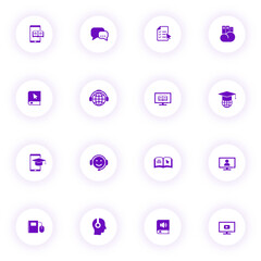e learning purple color vector icons on light round buttons with purple shadow. e learning icon set for web, mobile apps, ui design and print