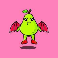 Cute mascot cartoon Pear fruit character as dracula with wings in cute modern 
