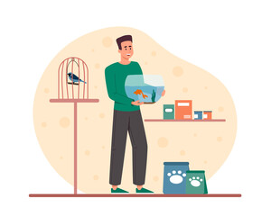 Purchasing of Aquarium with Decoration concept. Young man in pet store holds glass jar with goldfish and algae in his hands. Taking care of animals or pets. Hobby. Cartoon flat vector illustration
