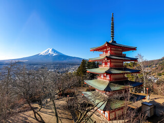 View on Chureito Pagoda and mountain of the mountains Mt Fuji, Japan, captured on a clear, sunny...