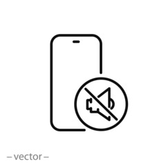 silent phone icon, turn mobile quiet, silence or sound switch, thin line symbol on white background - editable stroke vector illustration - obrazy, fototapety, plakaty