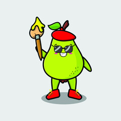 Cute cartoon character Pear fruit painter with hat and a brush to draw in cute design style design