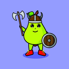 Cute cartoon character Pear fruit viking pirate with hat and holding sword and shield in cute modern style design 
