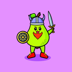 Cute cartoon character Pear fruit viking pirate with hat and holding sword and shield in cute modern style design 