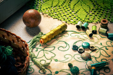 Sewing and embroidery supplies on a  table