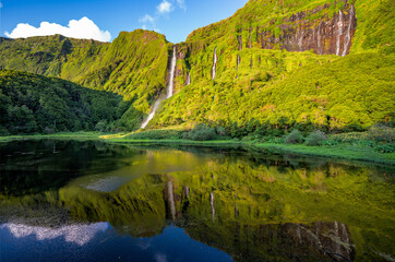 Poco da Ribeira do Ferreiro, Flores, Azores Islands. Waterfalls and landscape - 493643592