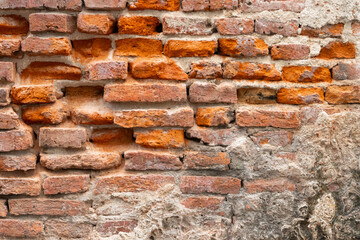 red brick block wall texture old background ancient weathered brick wall with cracks and destroyed stucco layer with copy space