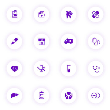 medical purple color vector icons on light round buttons with purple shadow. medical icon set for web, mobile apps, ui design and print