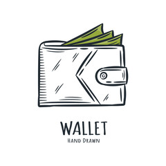 Wallet and money cartoon icon illustration concept hand drawn style