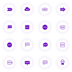 new stickers purple color vector icons on light round buttons with purple shadow. new stickers icon set for web, mobile apps, ui design and print