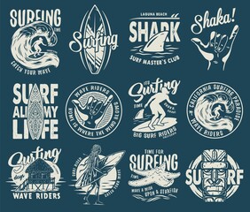 Surfing set of emblems with surfer and syrf on wave. Shaka, shark starfish on coast and surfboard for summer vector t-shirt hawaii apparel design