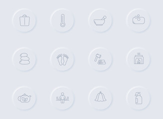sauna gray vector icons on round rubber buttons. sauna icon set for web, mobile apps, ui design and promo business polygraphy