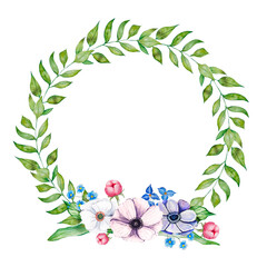 watercolor wreath with flouwers, leafs