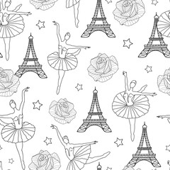 Eiffel Tower, Dancing Girls and Roses Seamless Pattern. French vector white background. Vintage fabric design in pastel colors © Miracle Arts
