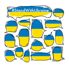 Ukrainian flag speech bubbles set. Grange paint flag of Ukraine with hashtag text: "Stand with Ukraine". Stop war in Ukraine concept. Social media banners, messages, agenda, breaking news