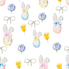 Fototapeta premium watercolor seamless pattern with easter eggs eand bunny ears 