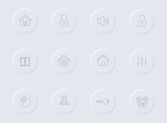 smart home gray vector icons on round rubber buttons. smart home icon set for web, mobile apps, ui design and promo business polygraphy