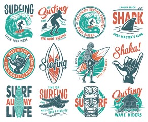 Surfing set with surfer and syrf on wave. Shaka, shark starfish on coast and surfboard for summer vector t-shirt hawaii apparel design